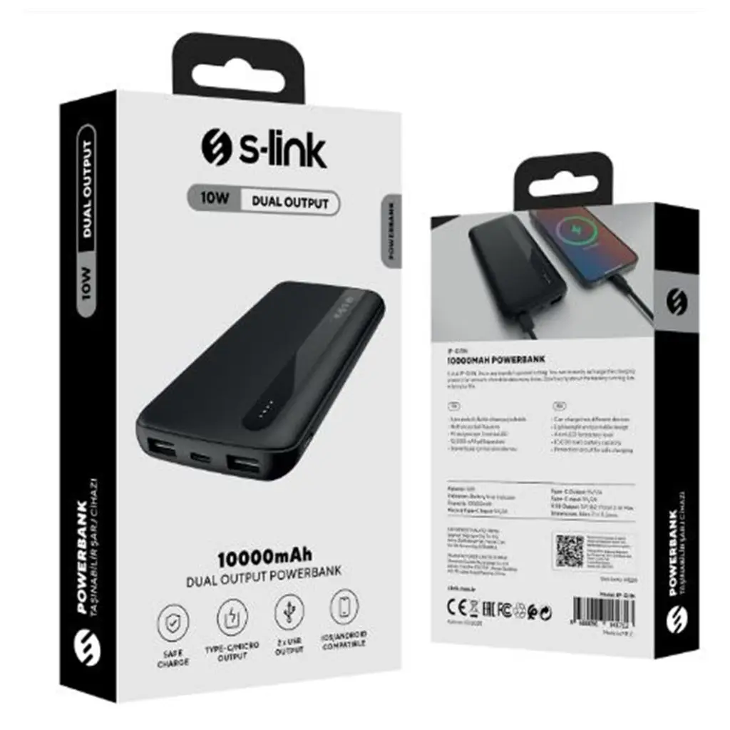 S-link IP-G11N 10000mAh Micro+Usb+ Type-C Giriş+Çıkış Siyah Taşınabilir Pil Şarj Cihazı Powerbank