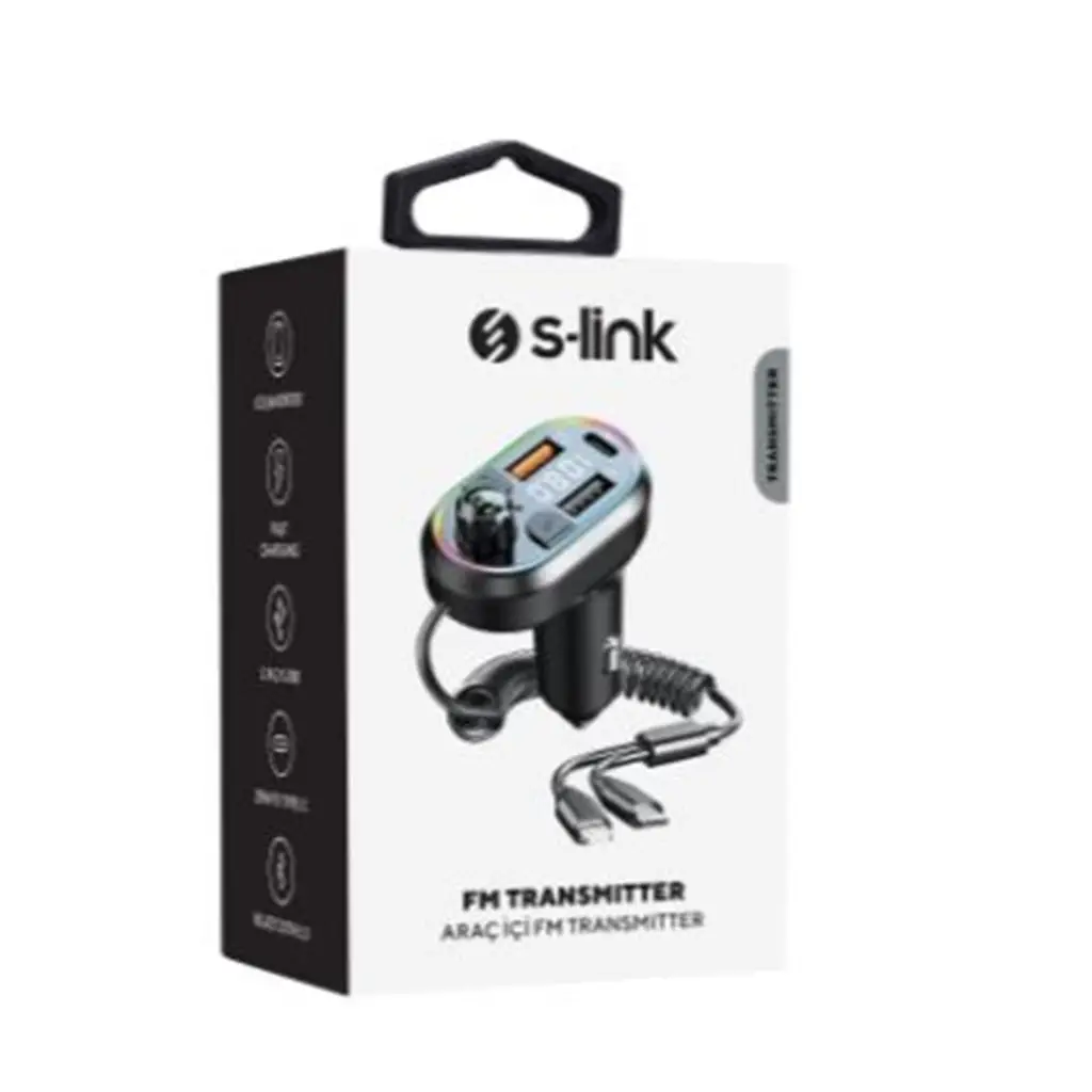 S-link SL-BT307 Çift USB 5V 3.1A-1A Led Işıklı Siyah 2 İn 1 C Port + İphone Bluetooth Fm Transmitter
