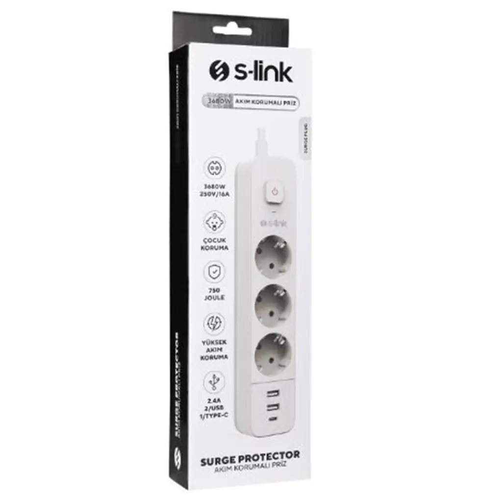 S-link SPG03TC 5V2.4A 1.5m 3x1.00mm 100 yüzde Bakır 750 Joule 3 lü Anahtarlı Akım Korumalı Beyaz Priz