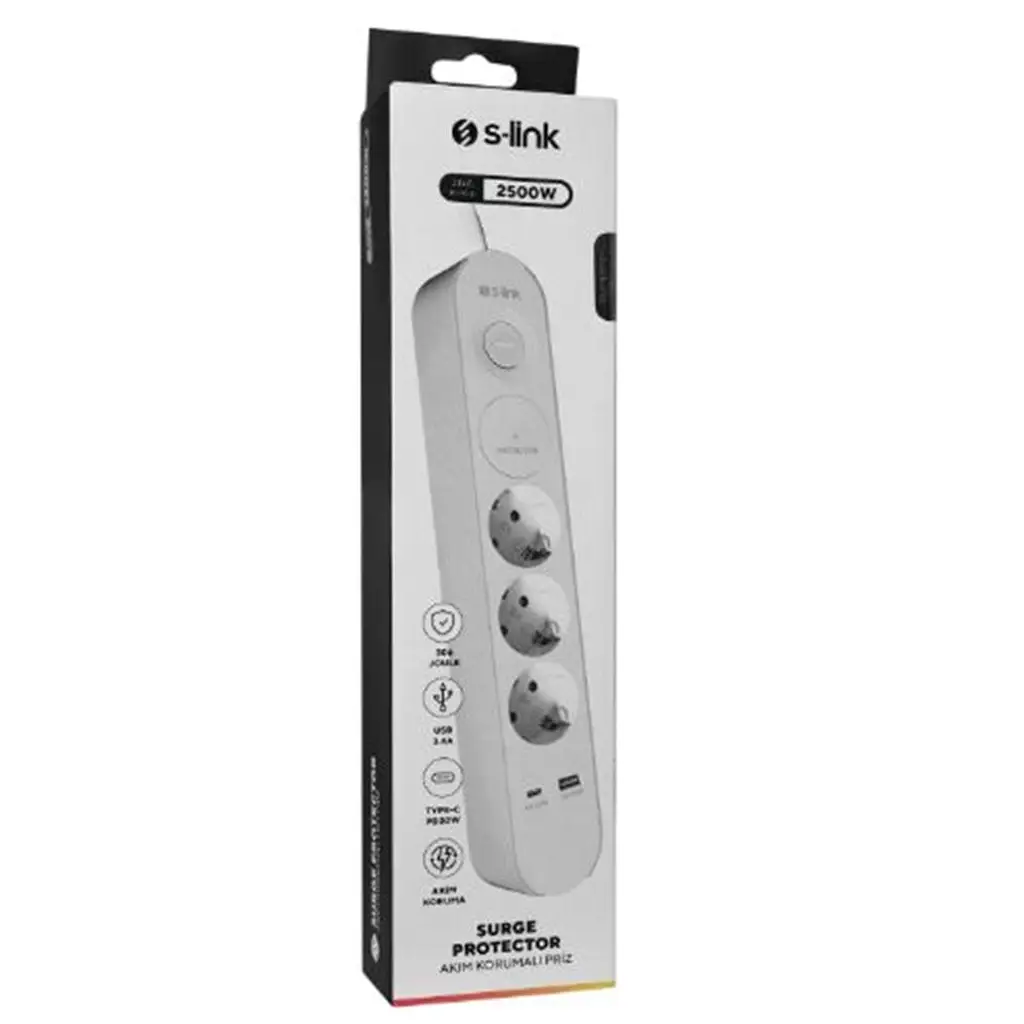S-link SPG3-PD20 PD20W H05VV-F 3G1.0mm, 1.5m 3 lü 306 J Akım Korumalı Beyaz + Gri Priz