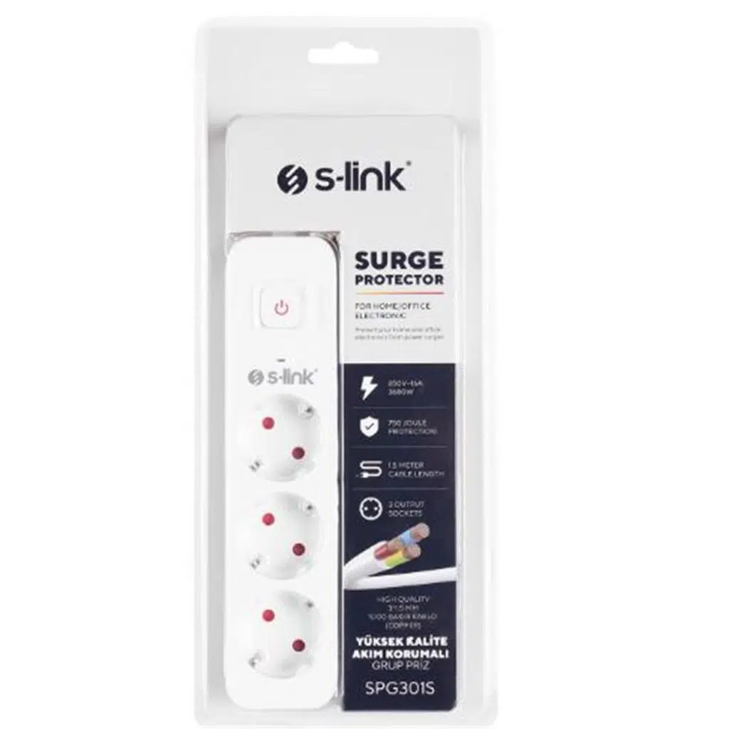 S-link SPG301S 1.5m 3x1.5mm 100 yüzde Bakır 750 Joule 3 lü Anahtarlı Akım Korumalı Priz