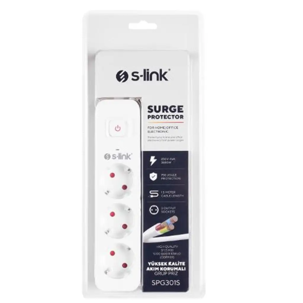 S-link SPG301S 1.5m 3x1.5mm 100 yüzde Bakır 750 Joule 3 lü Anahtarlı Akım Korumalı Priz