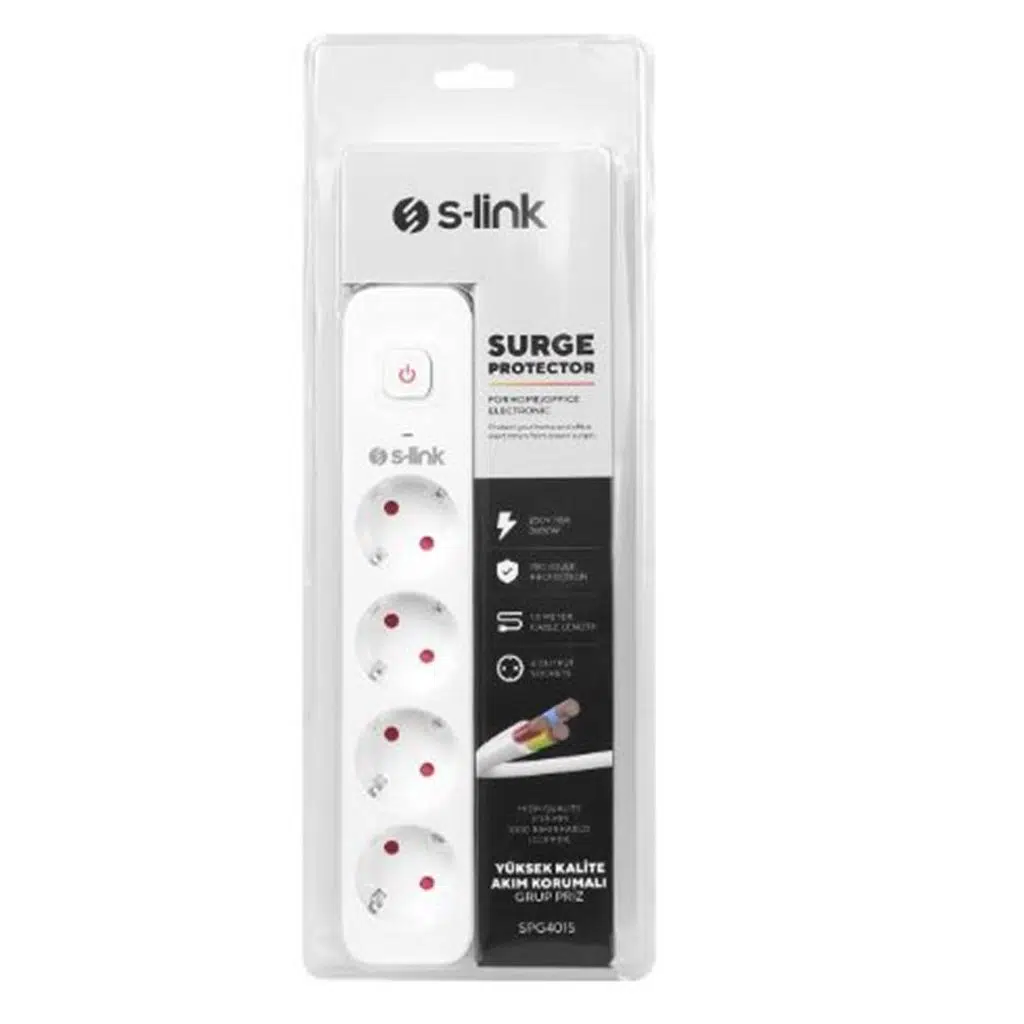 S-link SPG401S 1.5m 1.5mm 100 yüzde Bakır 750 Joule 4 lü Anahtarlı Akım Korumalı Priz