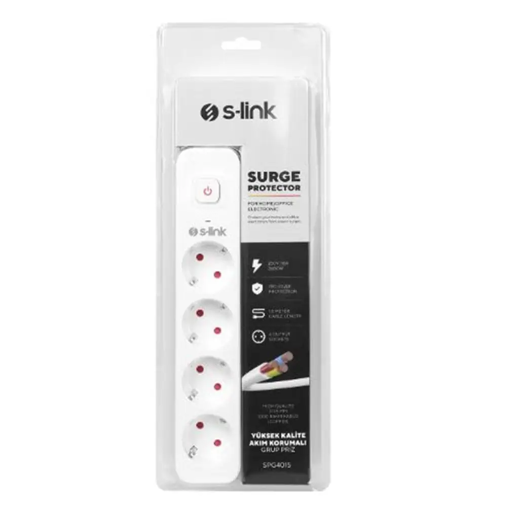S-link SPG401S 1.5m 1.5mm 100 yüzde Bakır 750 Joule 4 lü Anahtarlı Akım Korumalı Priz