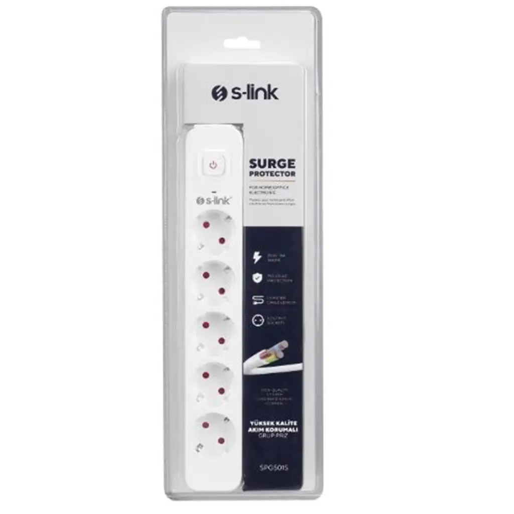 S-link SPG501S 1.5m 1.5mm 100 yüzde Bakır 750 Joule 5 li Anahtarlı Akım Korumalı Priz