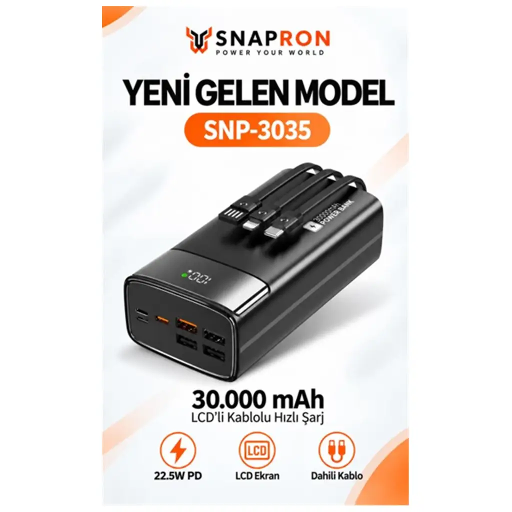 Snapron SNP-3035 30.000 Mah LCD Ekran Dahili Kablolu 22.5w Hızlı Şarj Powerbank