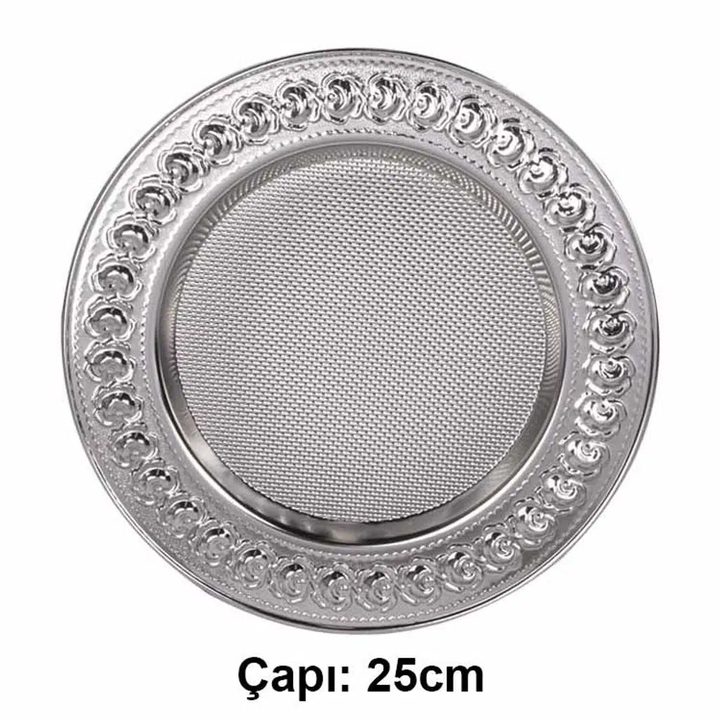Süblimasyon Gül Desenli Gümüş Metal Tabak - 25cm