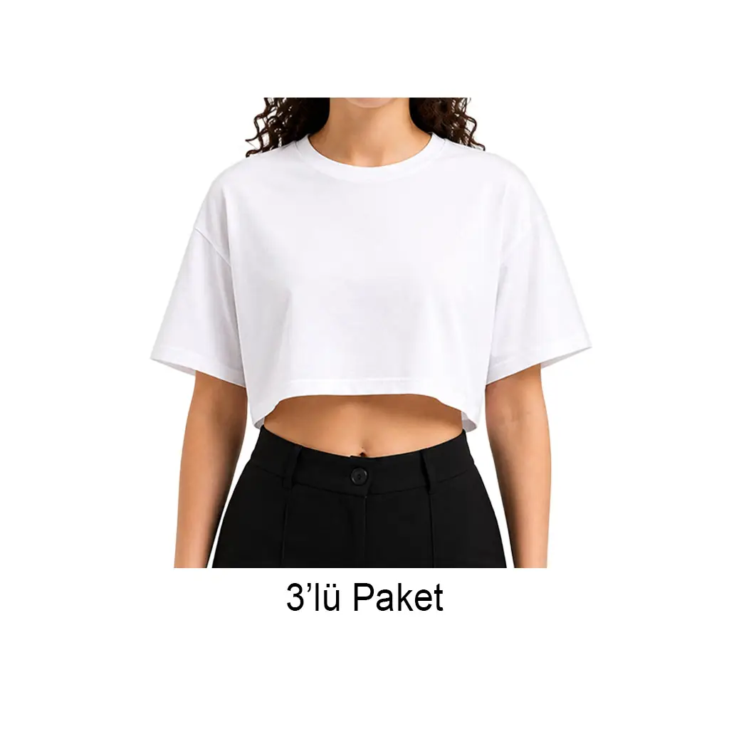 Süblimasyon Oversize Pamuk - Polyester Beyaz Crop Tişört - 3'lü Paket