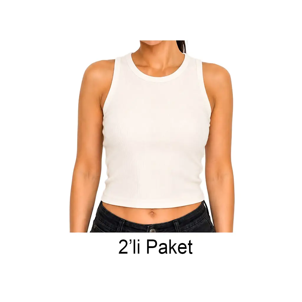 Süblimasyon Sıfır Kol Fitilli Crop Bluz - 2'li Paket