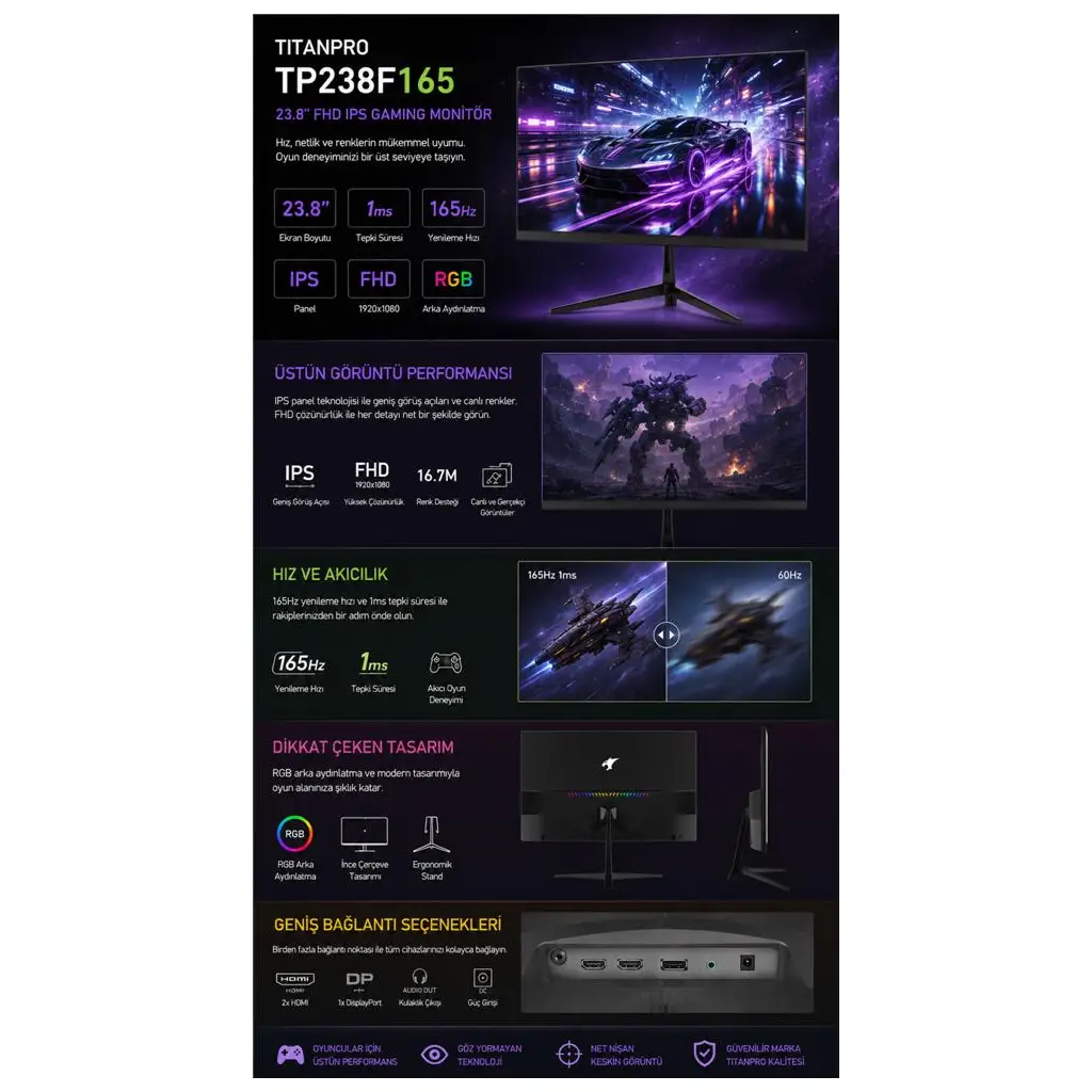 TITANPRO TP238F165 23,8" 1MS 165Hz IPS FHD sRGB Gaming Monitör