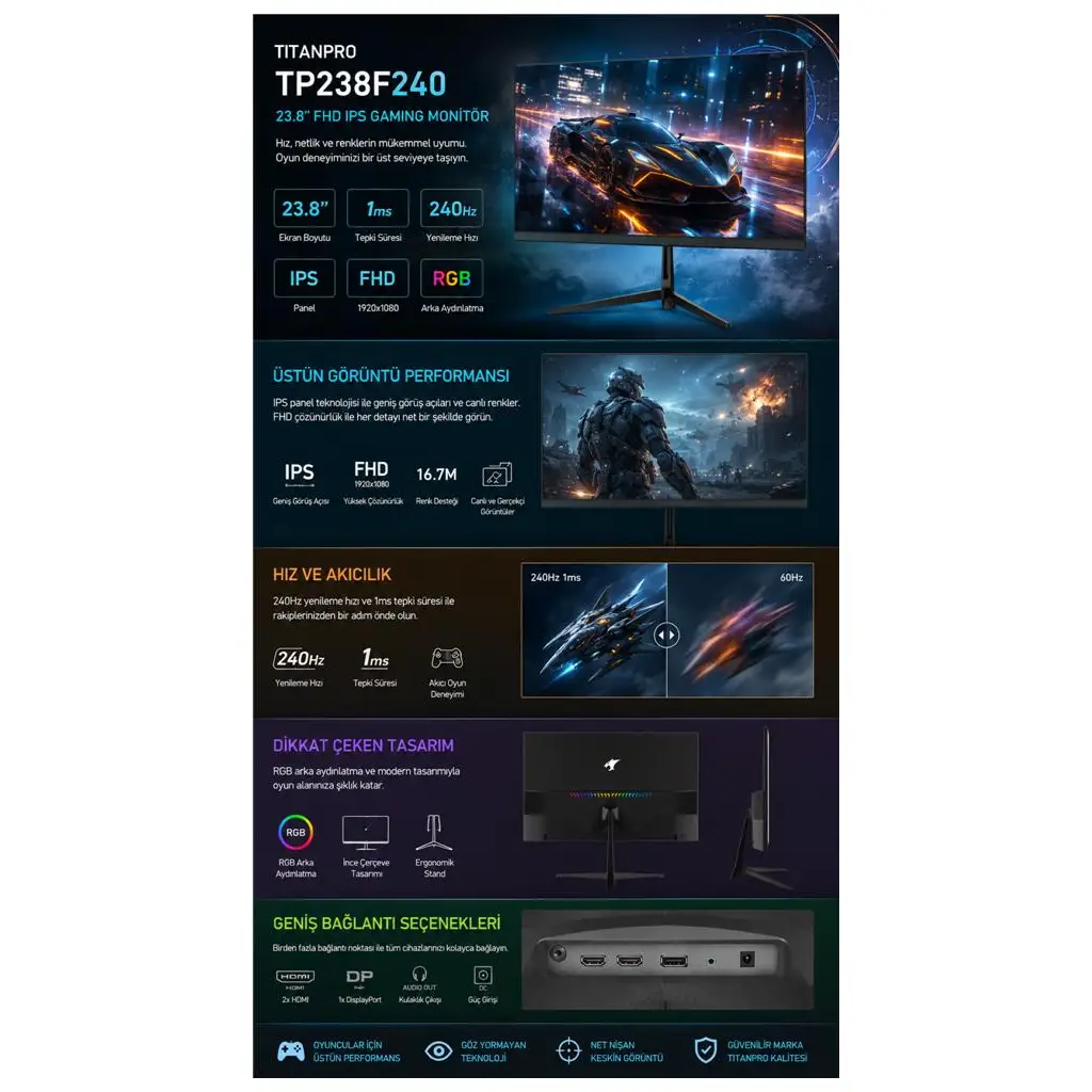 TITANPRO TP238F240 23,8" 1MS 240Hz IPS FHD sRGB Gaming Monitör