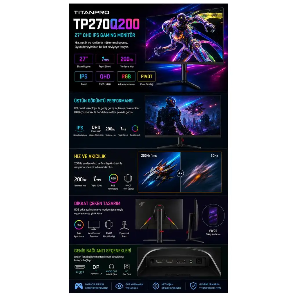 TITANPRO TP270Q200 27" 1MS 200Hz IPS QHD sRGB Gaming Monitör