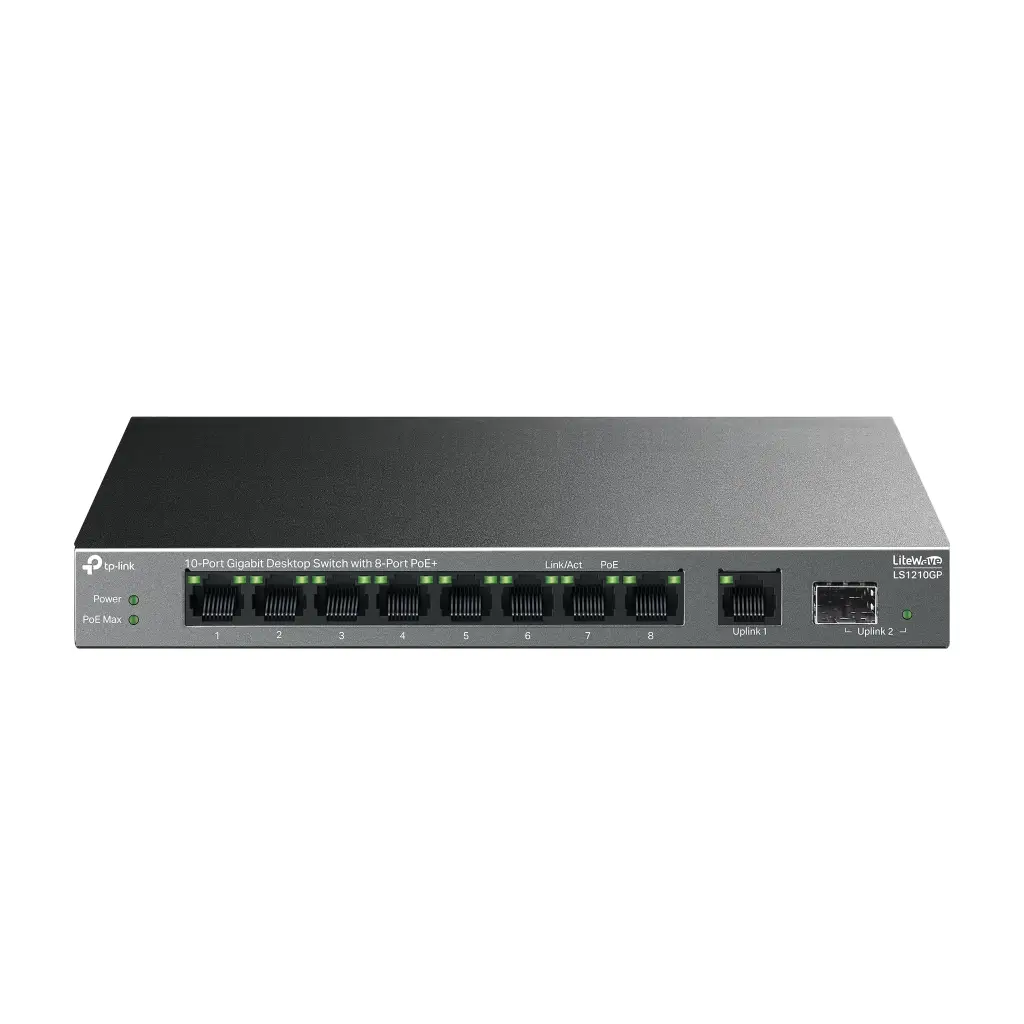 TP-LINK LS1210GP, Green Tech, 8 Port Gigabit, PoE 61W, 1 Port Gigabit Uplink, 1 Port Gigabit SFP, Yönetilemez Masaüstü Switch