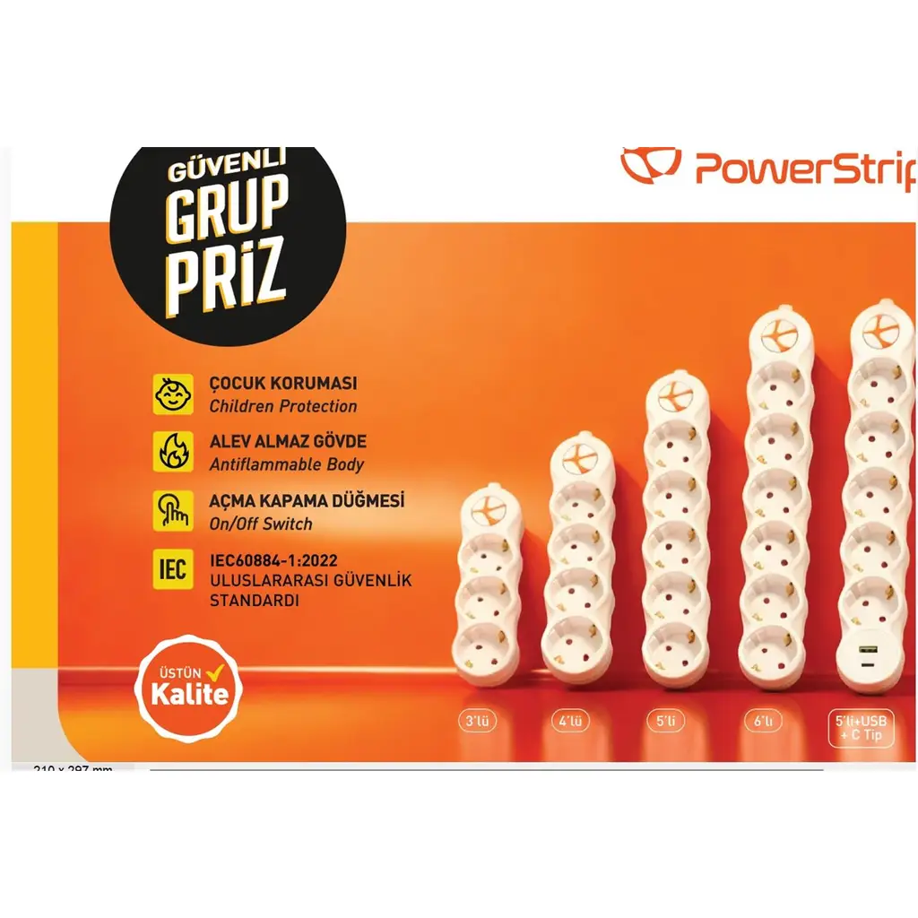 TUNCMATIK POWERSTRIP5 5 li 5m IEC 66884-1:2022 Standartı, FR(Alev Almaz)anahtarlı grup priz
