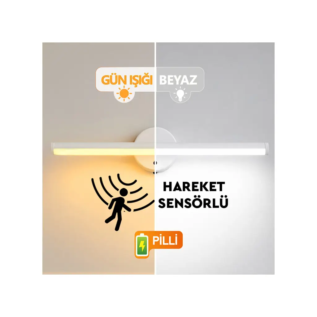 Yapışkanlı Beyaz Sensörlü Led Duvar Apliği - Kablosuz Pilli