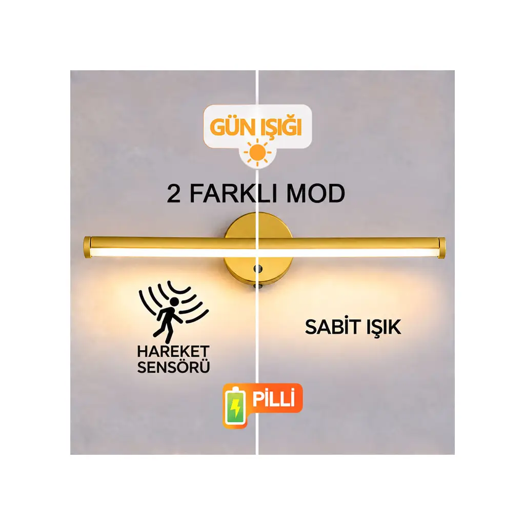 Yapışkanlı Gold Sensörlü Led Duvar Apliği - Kablosuz Pilli İki Çalışma Modu