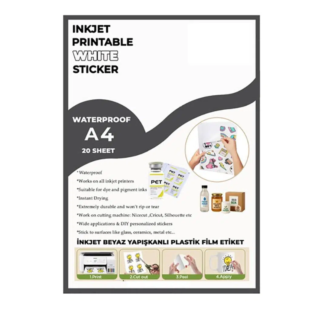 Yapışkanlı İnkjet Beyaz Plastik Etiket (20 adet A4)