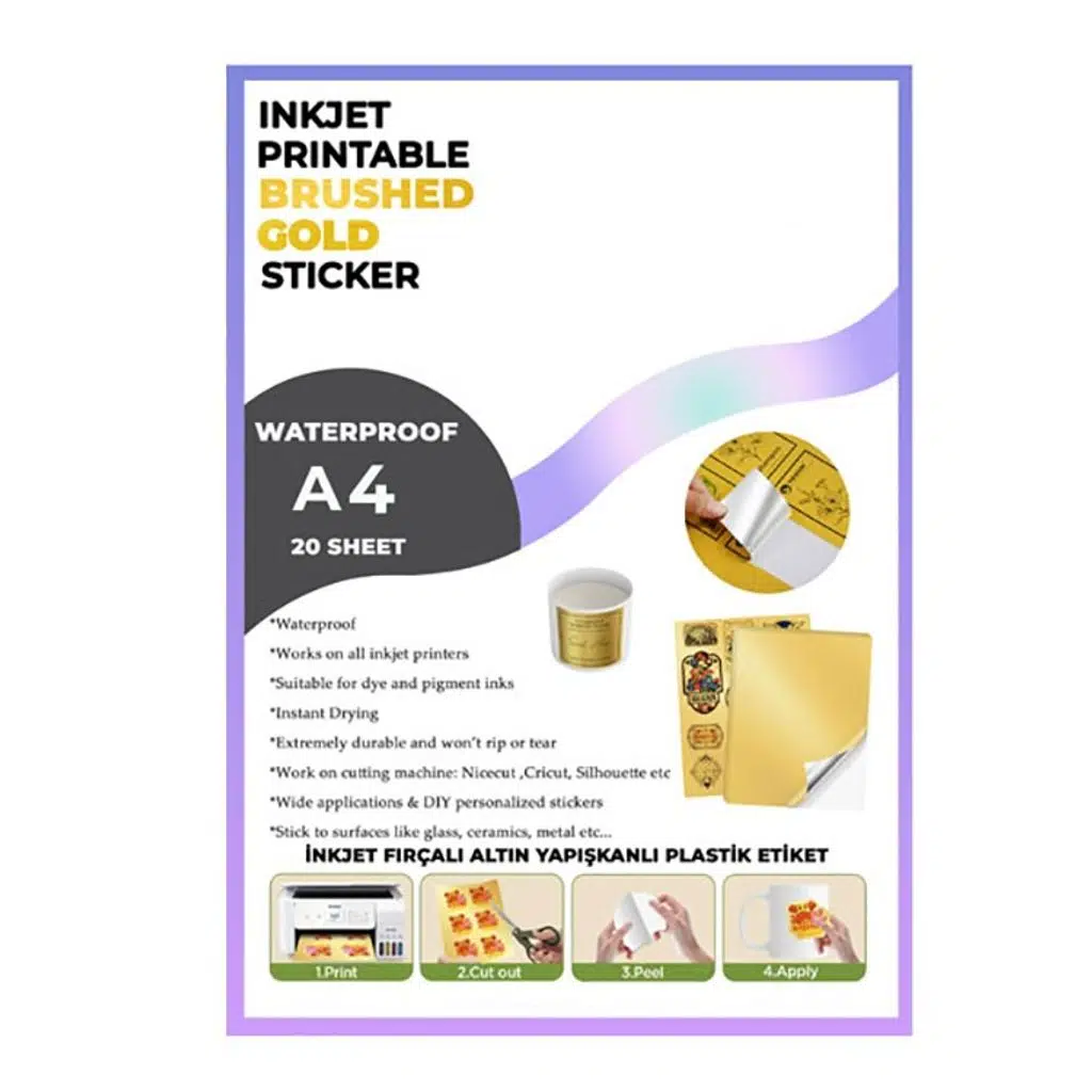 Yapışkanlı İnkjet Fırçalı Altın Plastik Etiket (20 adet A4)