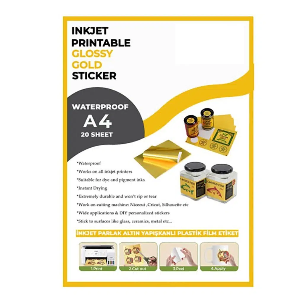 Yapışkanlı İnkjet Parlak Altın Plastik Etiket (20 adet A4)