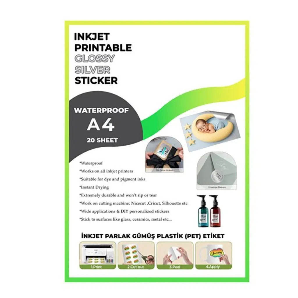 Yapışkanlı İnkjet Parlak Gümüş Plastik Etiket (20 adet A4)