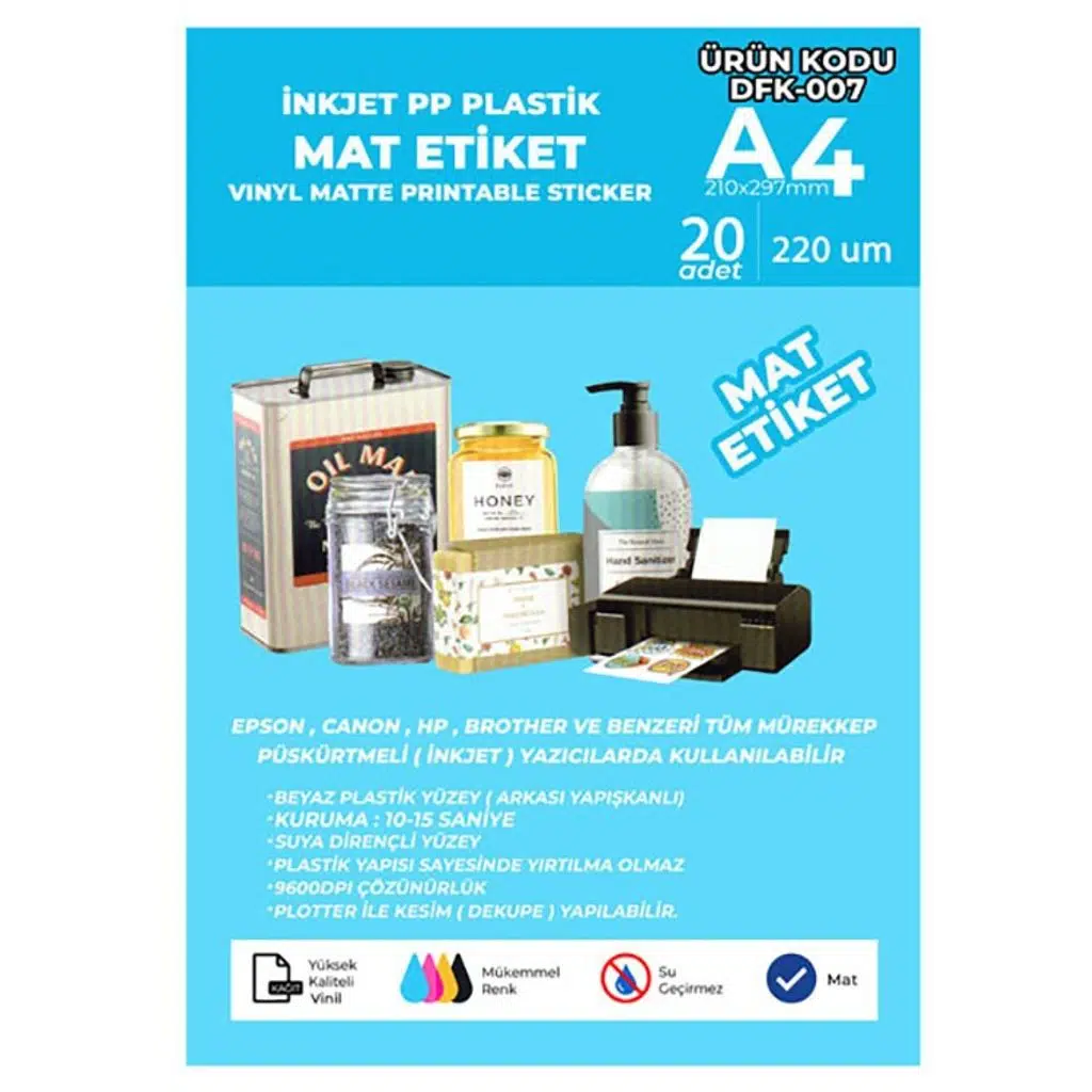 Yapışkanlı İnkjet PP Beyaz Plastik A4 MAT Etiket (20 adet)