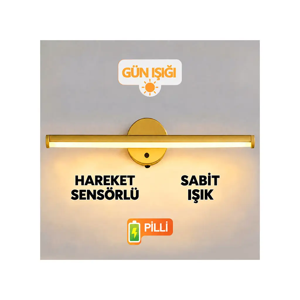 Yapışkanlı Gold Sensörlü Led Duvar Apliği - Kablosuz Pilli İki Çalışma Modu