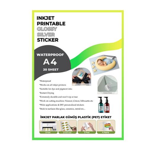 Yapışkanlı İnkjet Parlak Gümüş Plastik Etiket (20 adet A4) - OFİSOMİ-S