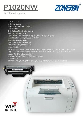 Zonewin 1020nw Mono Laser A4 Yazıcı - Network, Wi-Fi - 2